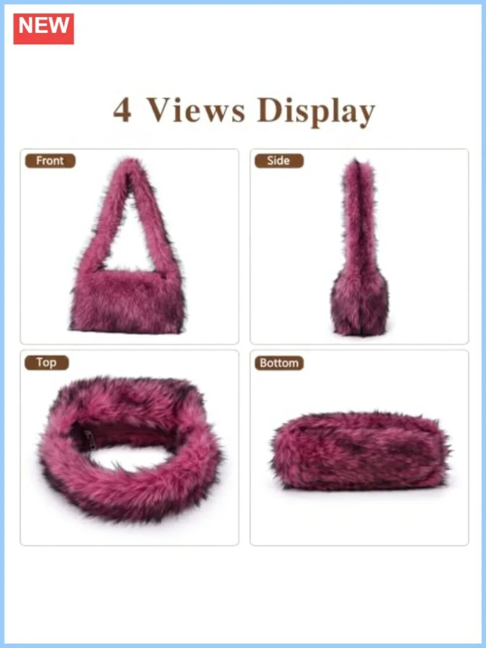Faux Fur Shoulder Bag Hobo Tote Plush Zip Closure